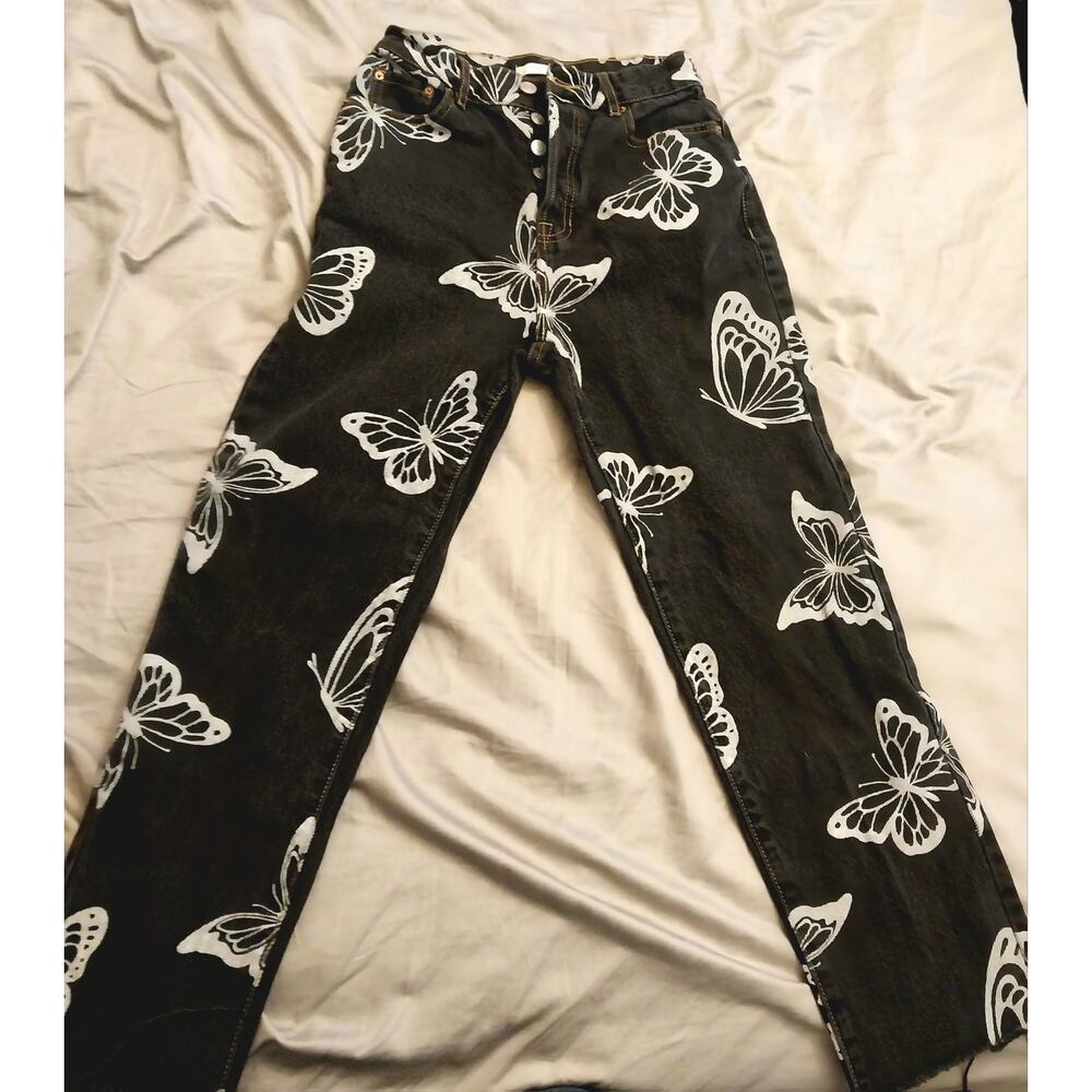 PacSun High Rise Straight Leg Black Jeans Silver Butterfly Print Junior Size 25